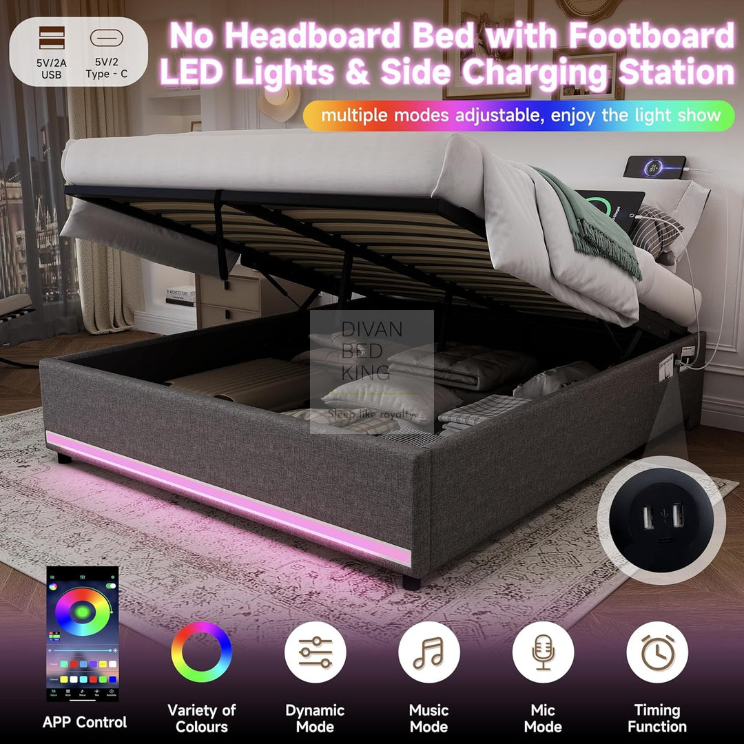 Castanea Smart LED Grey Linen Ottoman Gas Lift Storage Bed Base with USB Type C Charging Ports