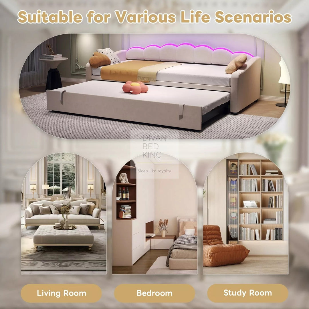 Elina Beige Plush Velvet Trundle Guest Sofa Bed with LED Lighting