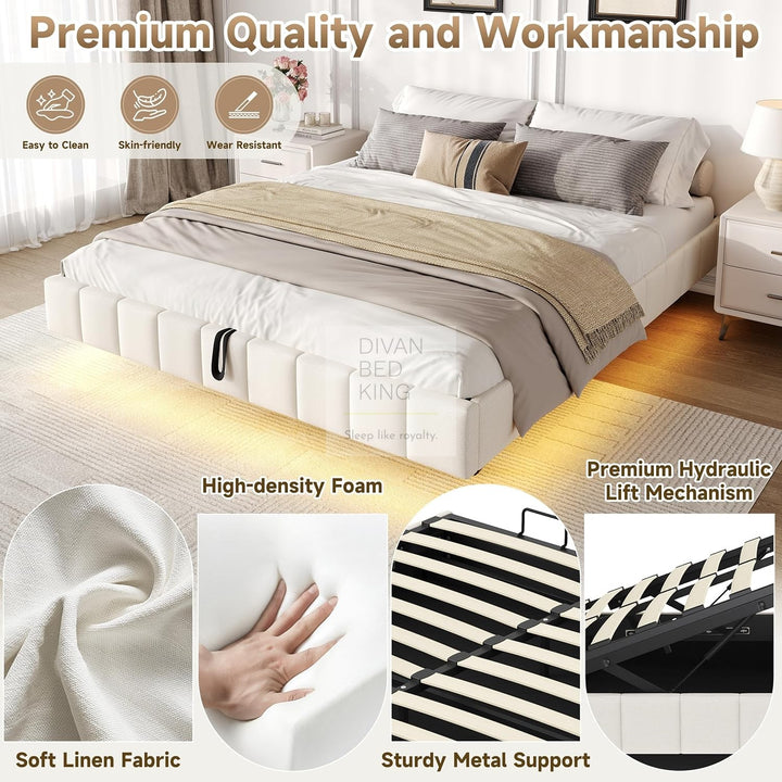 Carrillo Floating Style Smart LED Beige Linen Ottoman Gas Lift Storage Bed Base