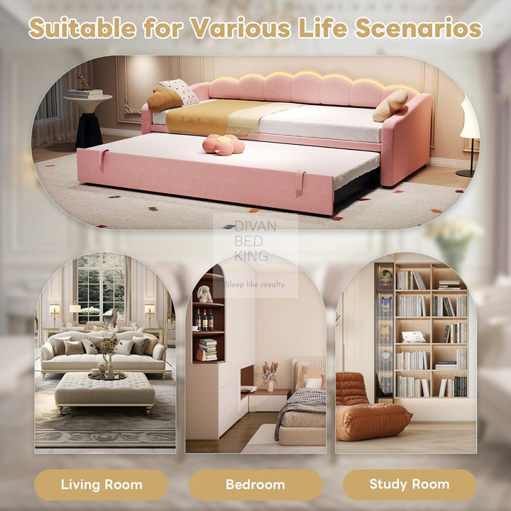 Elina Pink Plush Velvet Trundle Guest Sofa Bed with LED Lighting
