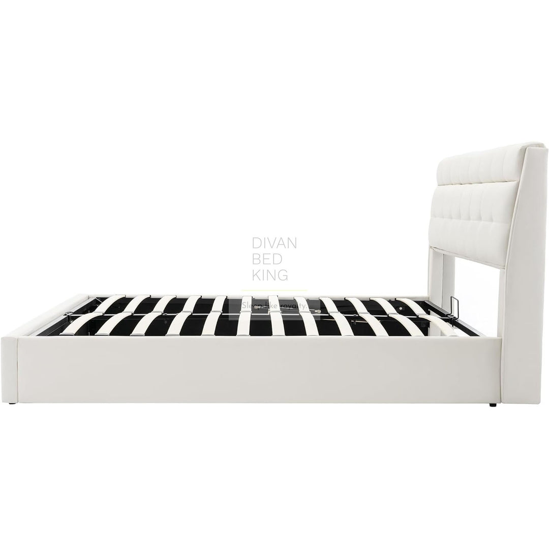 Carmine White Leather Ottoman Storage Bed with Headboard Storage