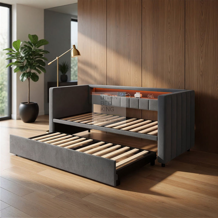 Adalynn Grey Plush Velvet Smart Sofa Bed Daybed with Bluetooth LED Lights, Storage, Shelves, USB & Type C Charging & Trundle