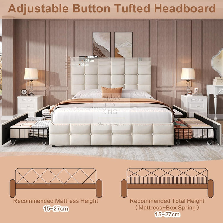 Vicente 4 Drawer Soft Beige Velvet Bed with Type C and USB Charging Adjustable Headboard Shelf