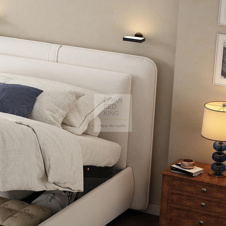 Oppia Nuova Beige Brushed Cotton Ottoman Storage Bed with Large Padded Removeable Headrests