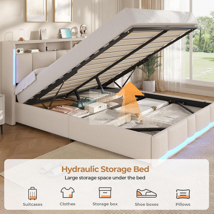 Castellano Beige Linen Ottoman Storage Bed with LED Lights, Type C and USB Charging Headboard Storage Shelf