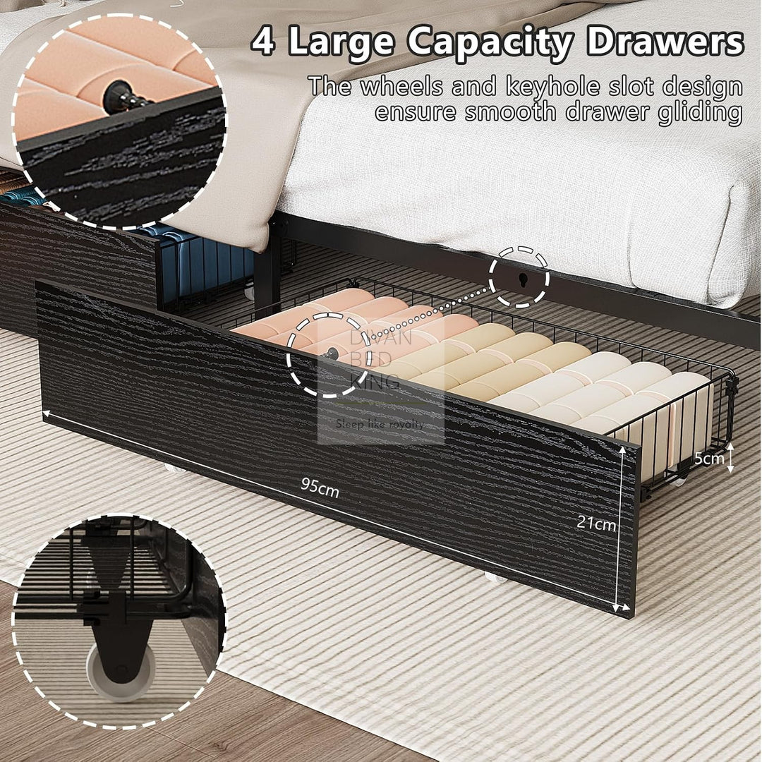 Henry Metal Wooden Hybrid Black Bed with 4 Drawers with Headboard, LED Reading Lights, Sockets, USB, Type C Charging