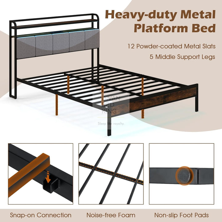 Henry Off-White Grey Linen Metal Smart Bed with 4 Optional Drawers with Headboard Shelves, LED, USB, Type-C Ports and Power Outlets