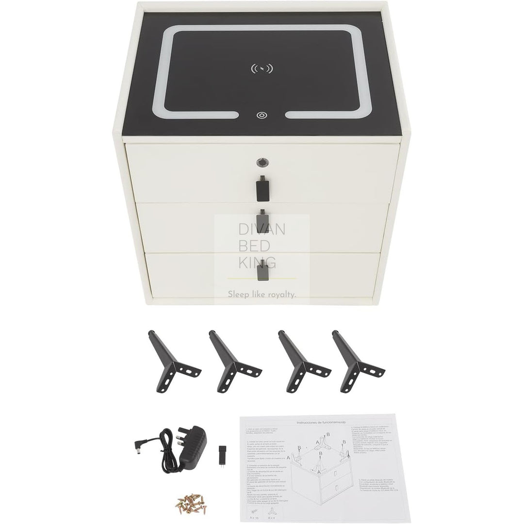 Elara White 3 Drawer Smart LED Bedside Table with Bluetooth Speakers, Fingerprint Lock, USB and Wireless Charging