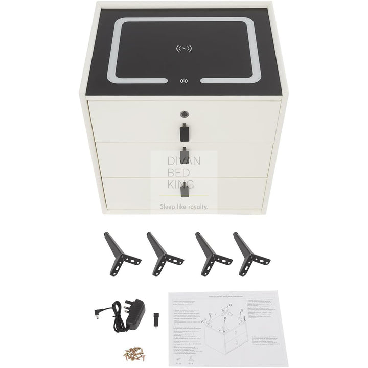 Elara White 3 Drawer Smart LED Bedside Table with Bluetooth Speakers, Fingerprint Lock, USB and Wireless Charging