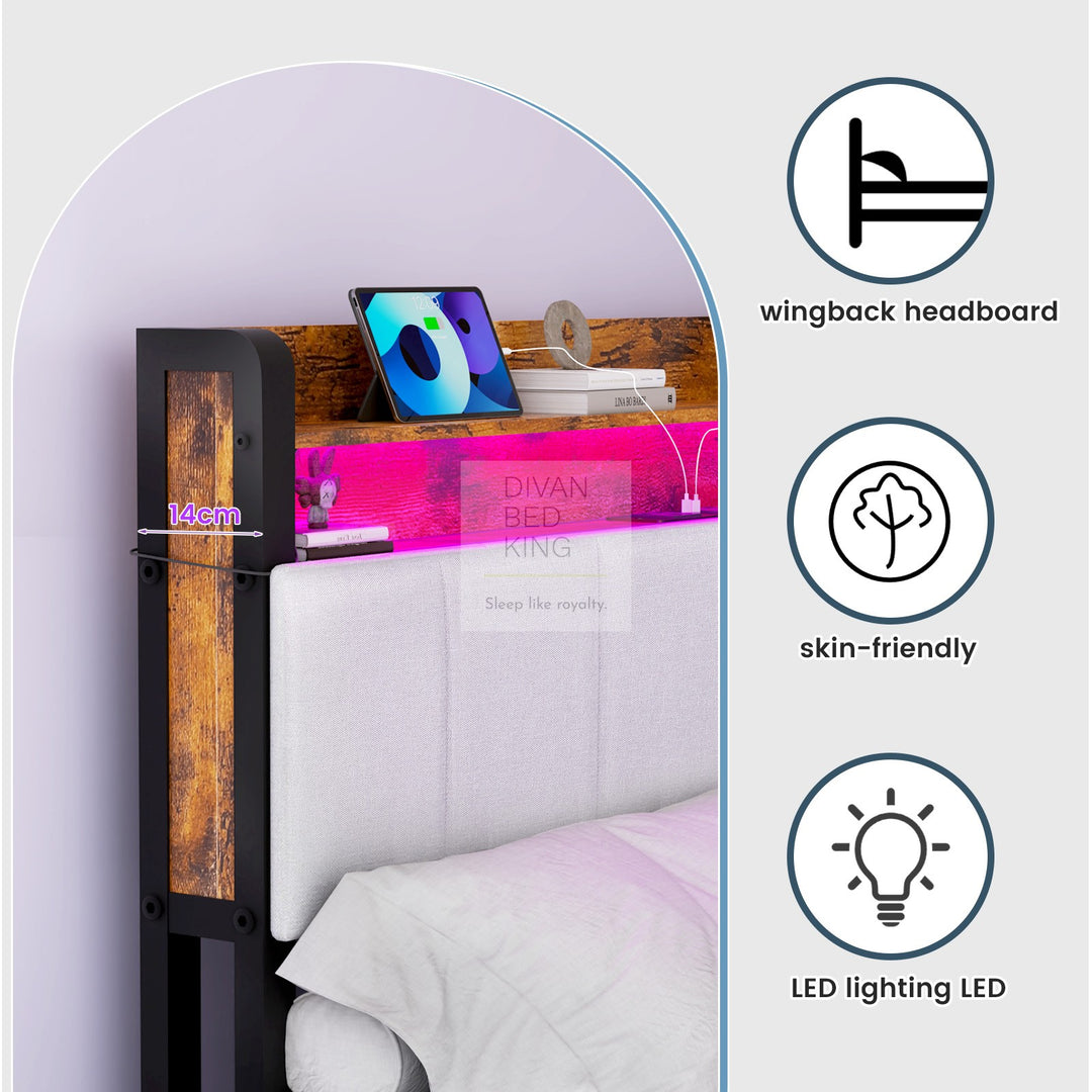 Henry Off-White Linen Metal Bed with 4 Drawers with Headboard Shelves, LED, USB and Power Outlet