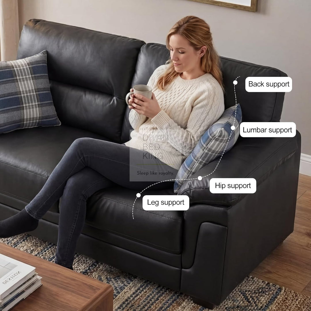 Delgado Luxury Black Leather Sofa Couch Settee with Pocket Spring & Reflex Foam Support
