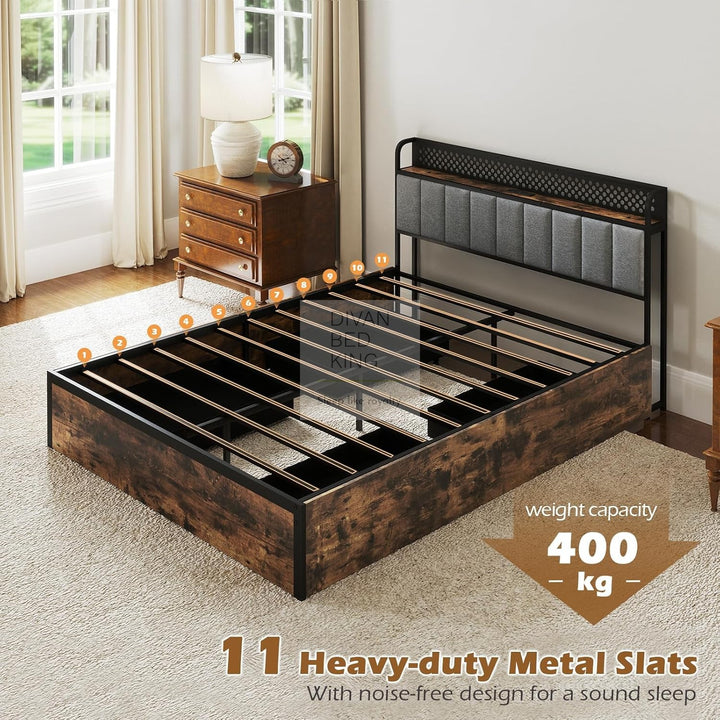 Henry Maldonado Metal Grey Linen Bed with 4 Drawers with Smart LED Lights, Power Outlets & USB Ports