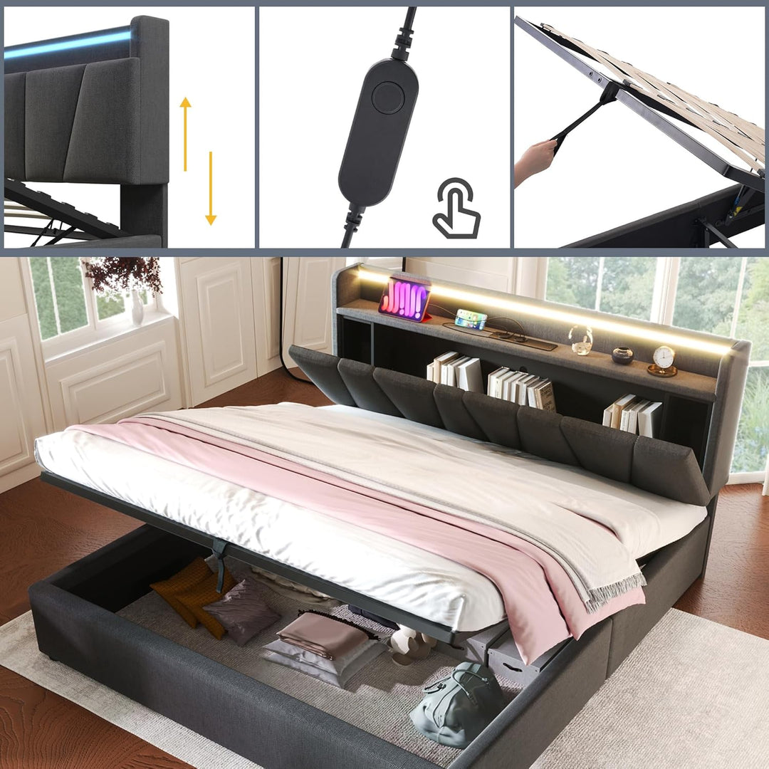 Kyoto Charcoal Linen Ottoman Bed with LED Lights, Power Outlets, Type C and USB Charging Headboard Storage Shelf