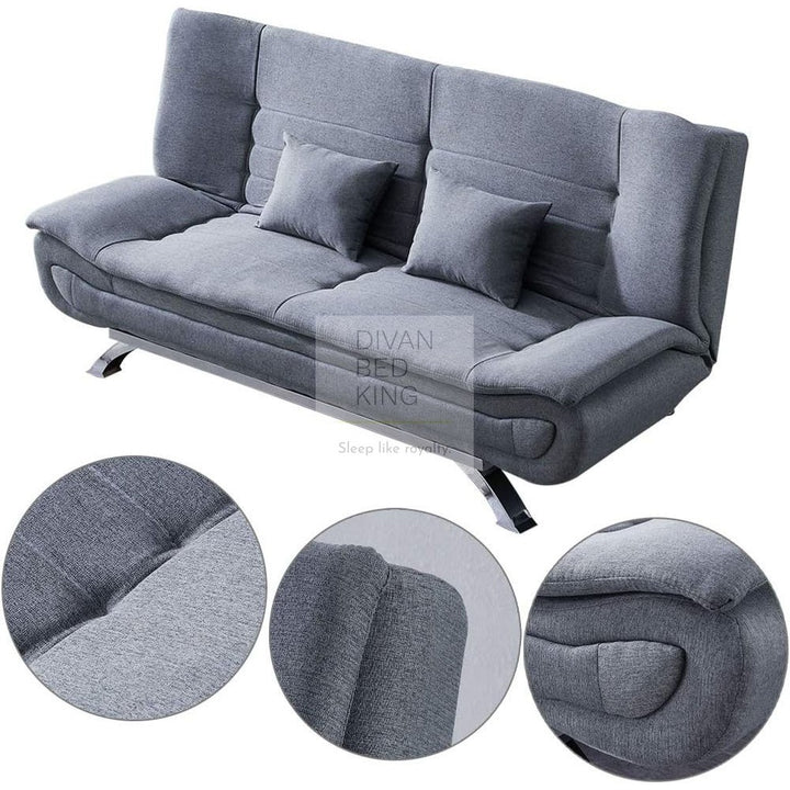 Bryson Grey Linen 3 Seater Sofa Bed with Chrome Legs & Matching Pillows