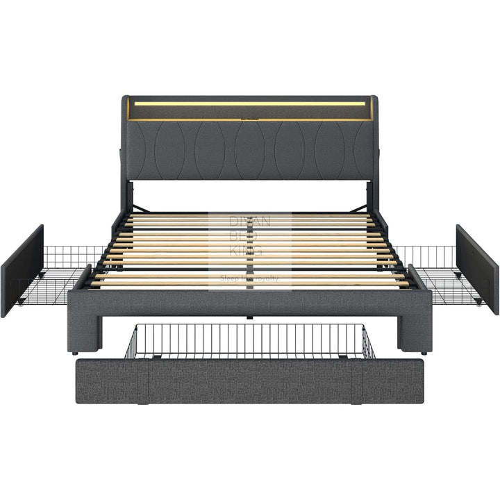 Emilio Wingback Grey Linen Smart Bed with 3 Drawer Storage, LED Lights, Charging Station USB, Type C on Headboard Storage Shelf