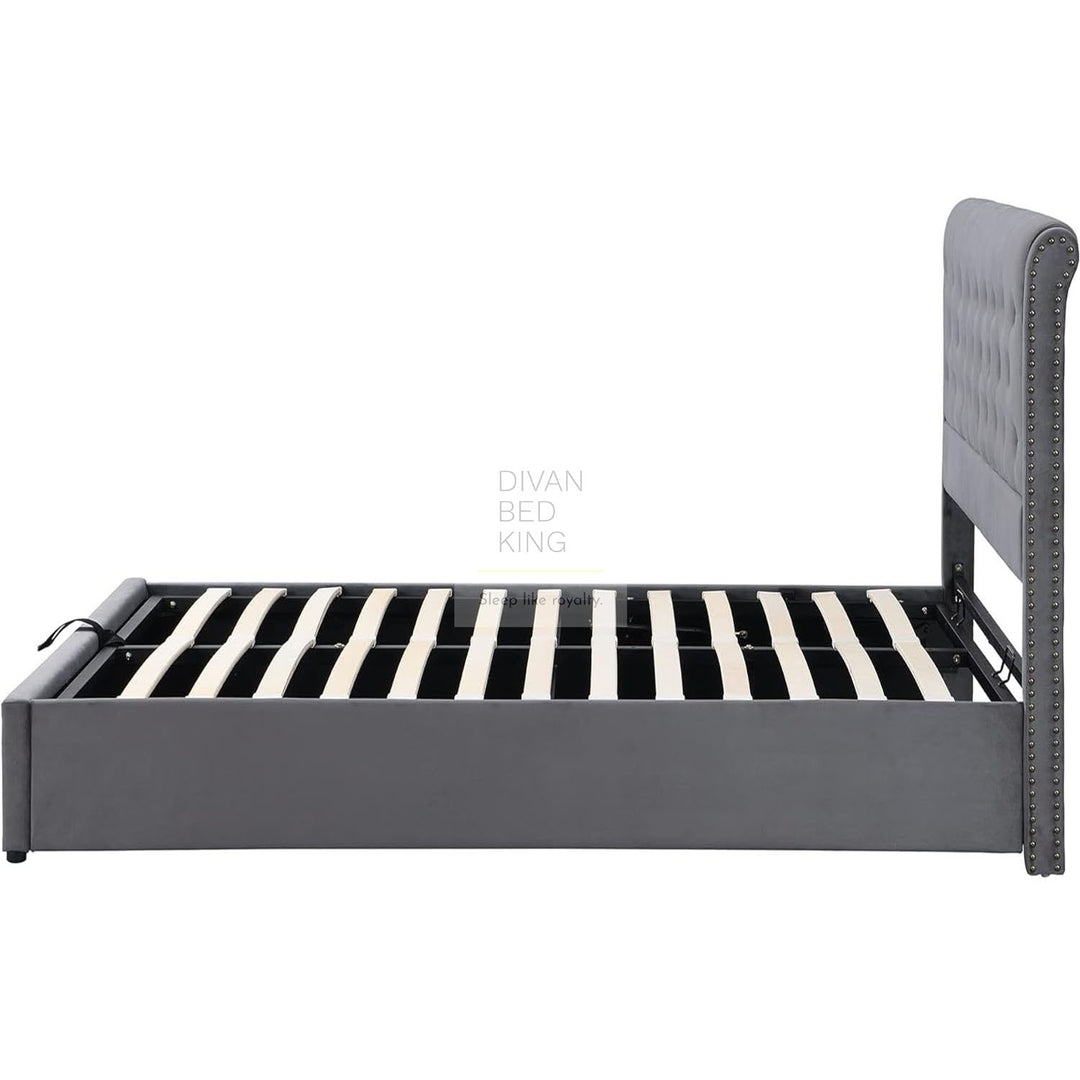 Dangelo Luxury Grey Plush Velvet Sleigh Bed Frame with Optional Storage Box