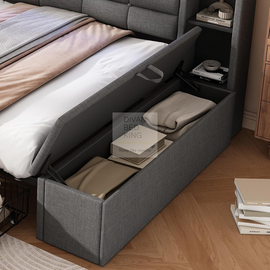 Avayah Grey Linen Smart Daybed Sofa Bed with 2 Drawers, LED Shelves Storage, USB & Type C Charging Station & Storage Box