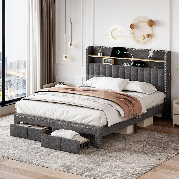 Elinor 2 Drawer Charcoal Linen Bed with LED Lighting, Type C and USB Charging Wing Headboard Shelf