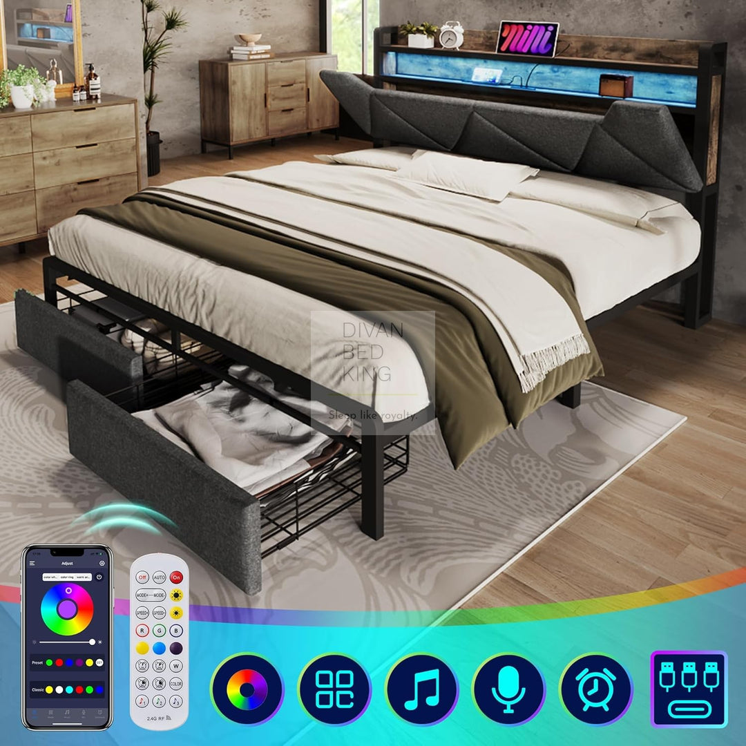 Cagliari Charcoal Grey Linen 2 Drawer Storage Bed with LED Lights, Type C and USB Charging Headboard Storage Shelf