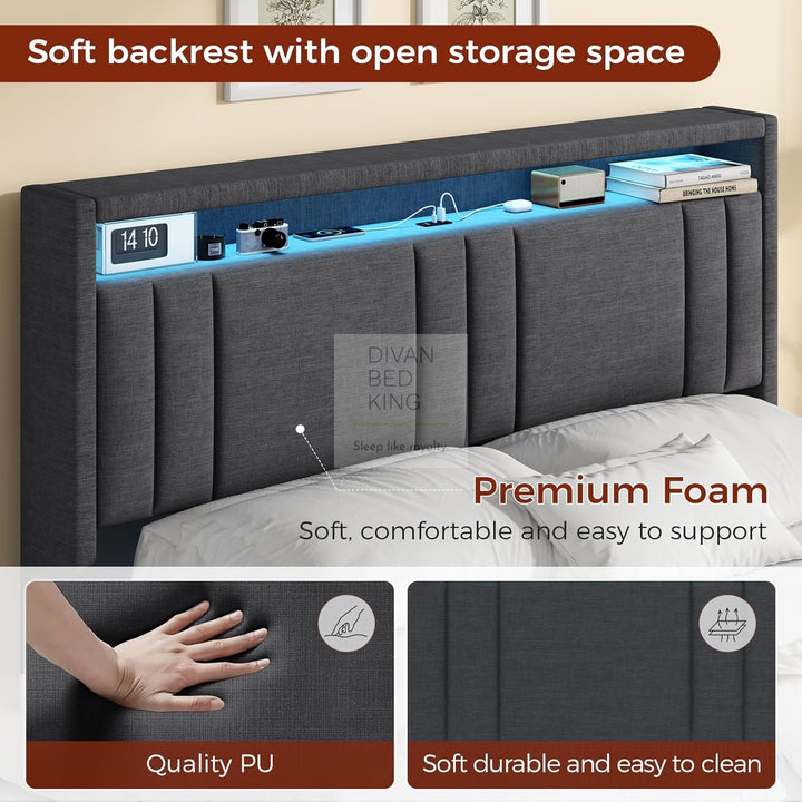 Everleigh Grey Linen Floating Bed Frame with Padded Storage Headboard, LED Lights, USB & Type-C Charging Station