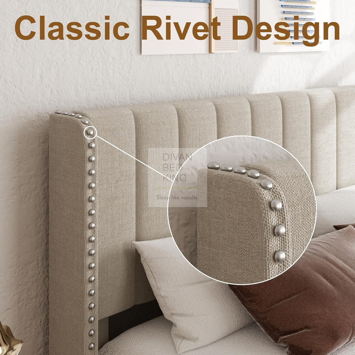 Catania Wingback Panel Headboard Beige Linen Bed with & 1 Large End Drawer Storage