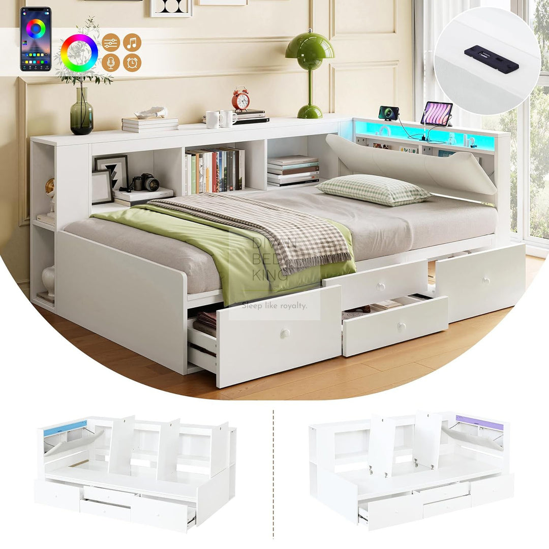 Hartman White Wooden Smart Day Bed with LED Lights, Type C and USB Charging Linen Headboard Storage Shelf