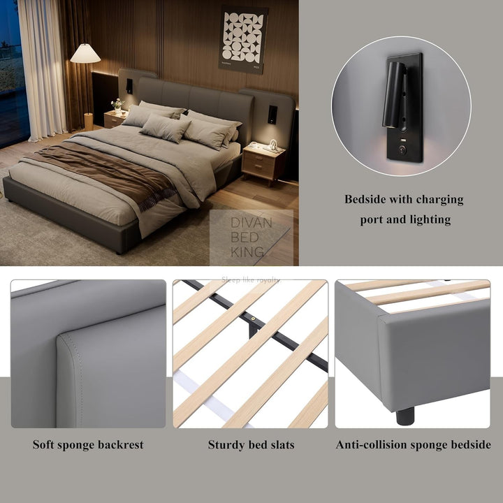 Monteleone Oversized Headboard Grey Leather Bed Frame with Integrated Lighting & USB Charging