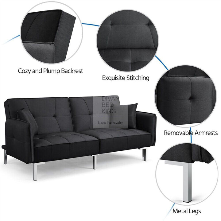 Ludovic Black Cotton 3 Seater Sofa Bed with Removeable Armrests