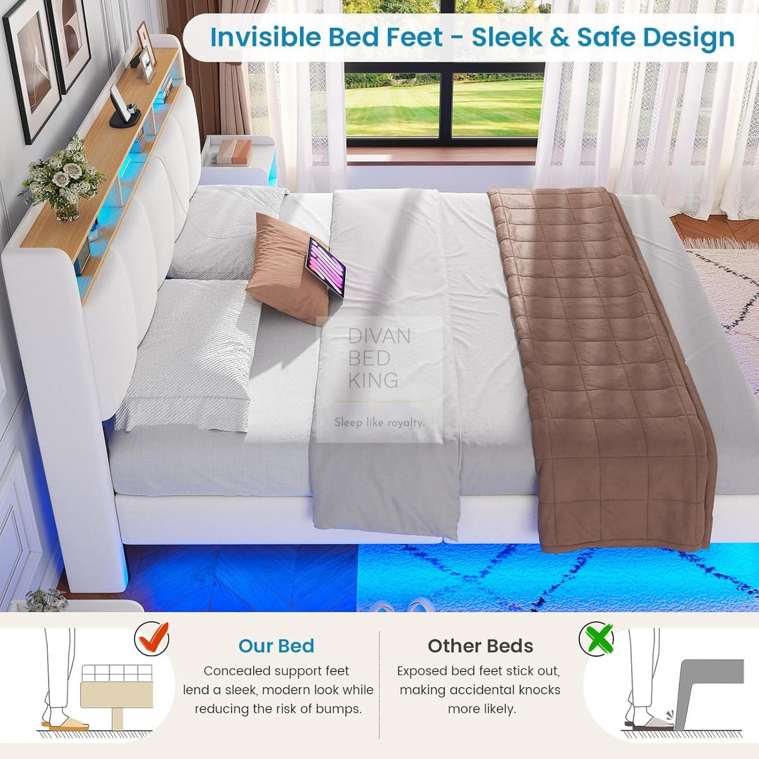 Houston Smart Metal Floating Bed with White Linen Padded Storage Headboard, LED Lights, Plug Sockets, USB & Type C Charging Station