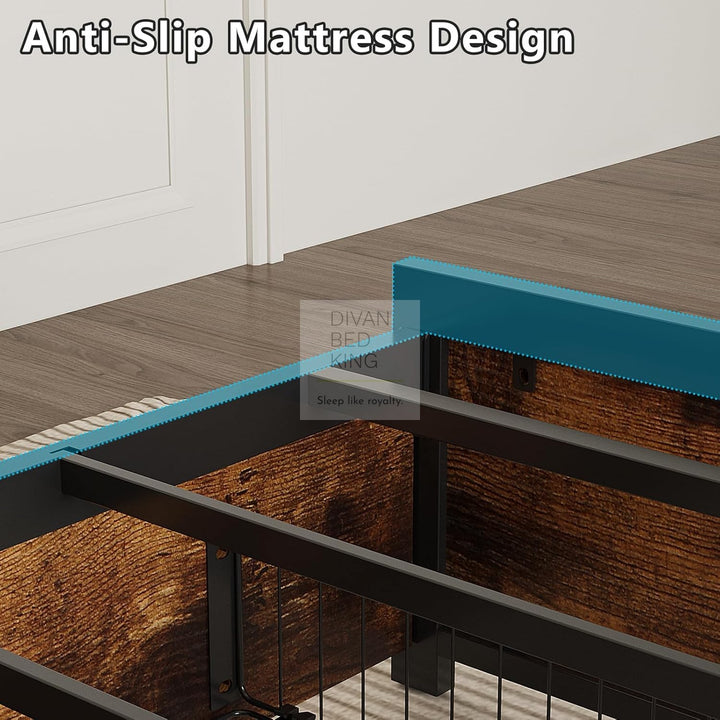 Henry Metal Wooden Hybrid Brown Bed with 4 Drawers with Headboard, LED Reading Lights, Sockets, USB, Type C Charging