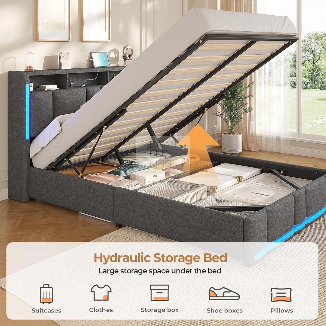 Castellano Grey Linen Ottoman Storage Bed with LED Lights, Type C and USB Charging Headboard Storage Shelf