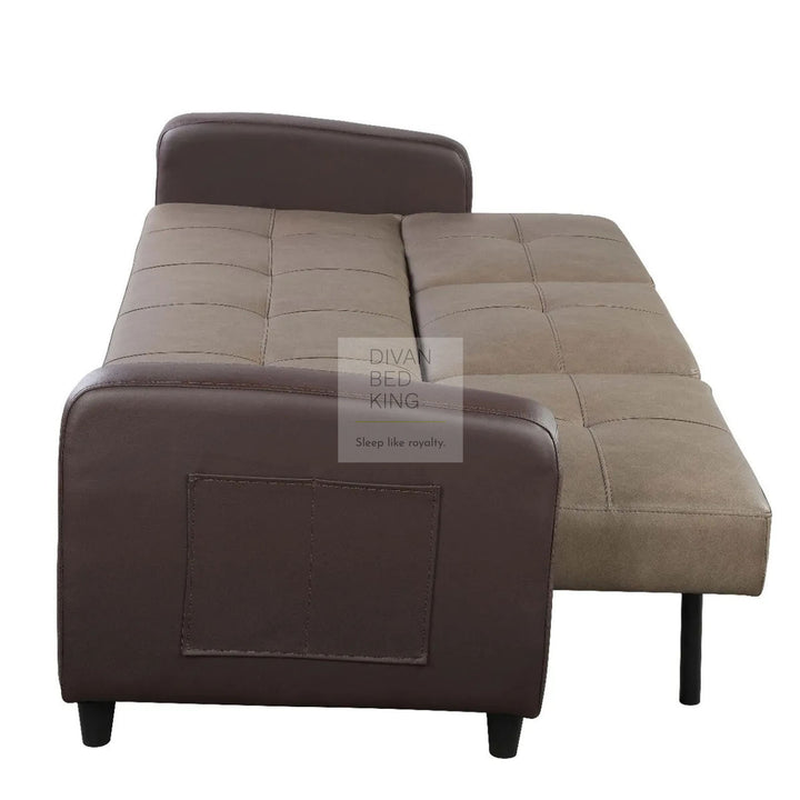 Salazar Ash Grey Brown Leather 3 Seater Sofa Bed with Cup Holders, Armrest and Side Storage Pockets