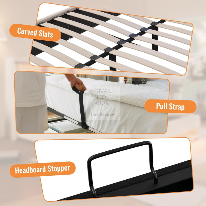 Solana Beige Linen Ottoman Storage Smart Bed with Type C, USB & Wireless Charging Headboard Shelves