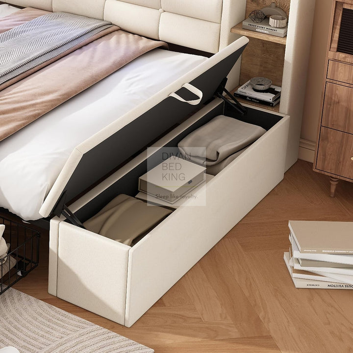 Avayah Beige Linen Smart Daybed Sofa Bed with 2 Drawers, LED Shelves Storage, USB & Type C Charging Station & Storage Box