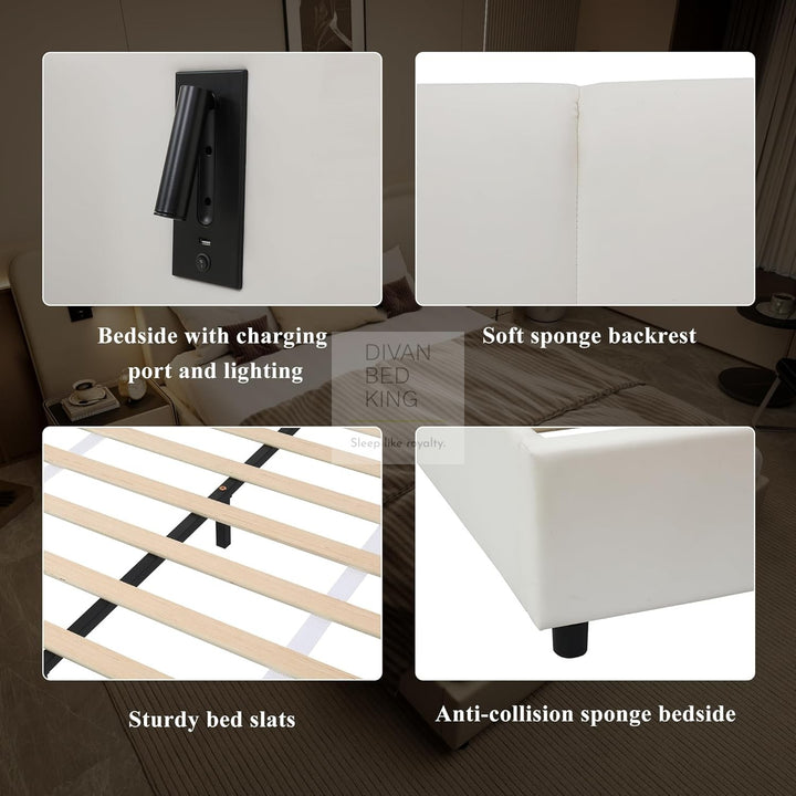 Monteleone Oversized Headboard White Leather Bed Frame with Integrated Lighting & USB Charging