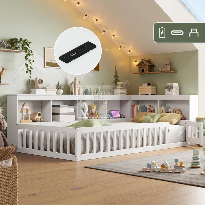 Woodward White Wooden Low Floor Bed with Type C and USB Charging Headboard Storage Shelf