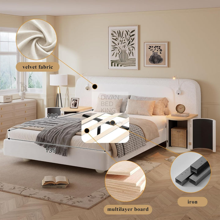 Nuragas Oversized Headboard Beige Velvet Bed Frame with Integrated Lighting & 2 Bedside Tables