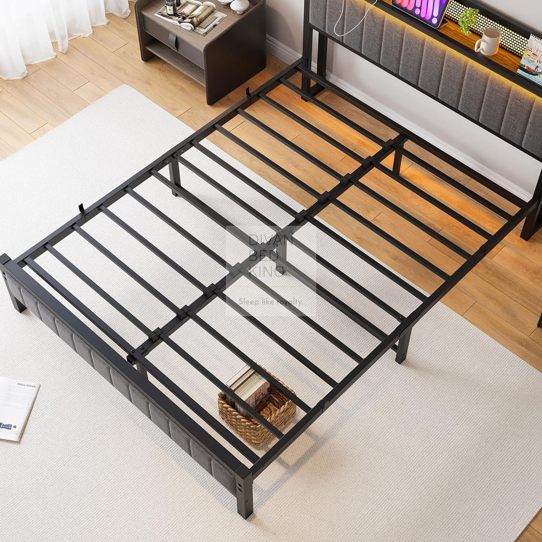 Vicenza Metal Bed Frame with LED Grey Linen Headboard, Shelves, Power Outlet, USB Charging & Optional Drawers