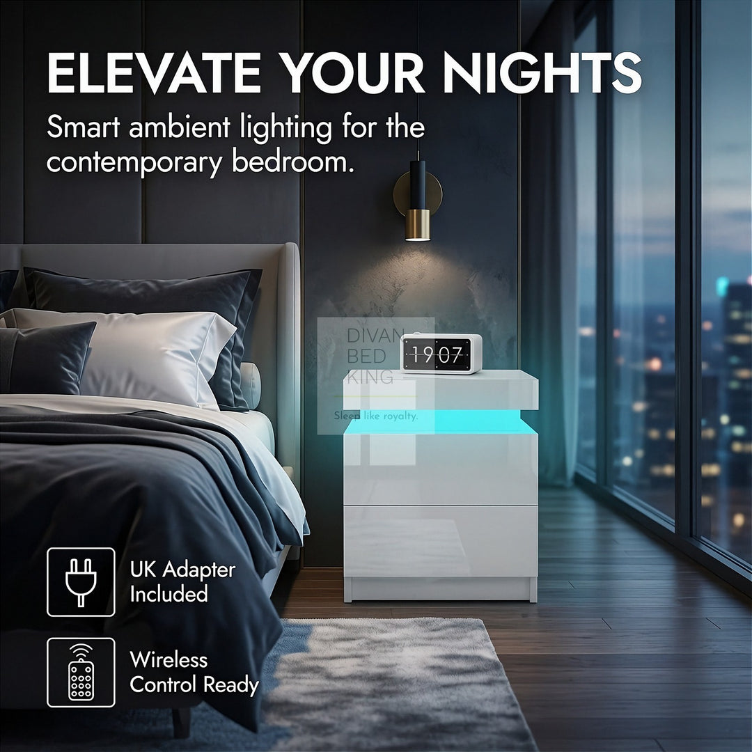 Schneider 2 Drawer White High Gloss Smart LED Bedside Table
