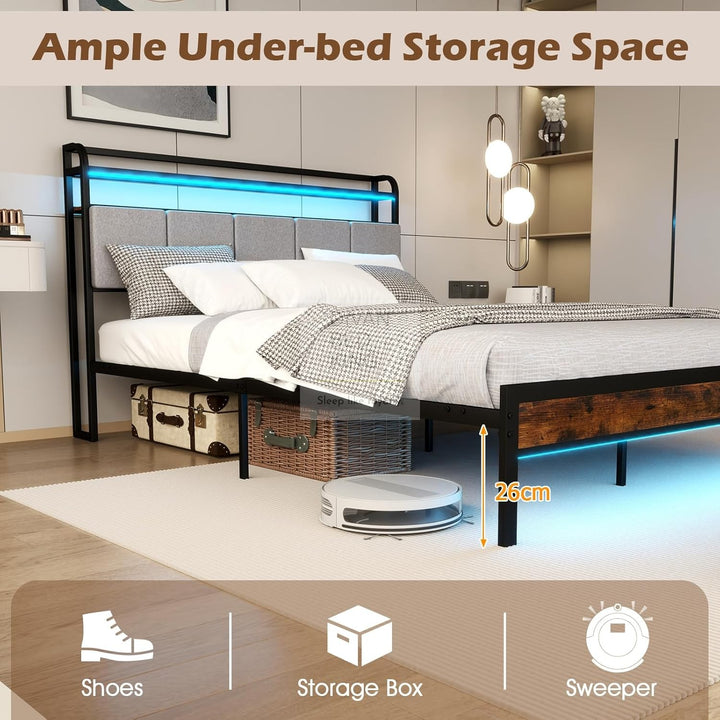 Henry Off-White Grey Linen Metal Smart Bed with 4 Optional Drawers with Headboard Shelves, LED, USB, Type-C Ports and Power Outlets