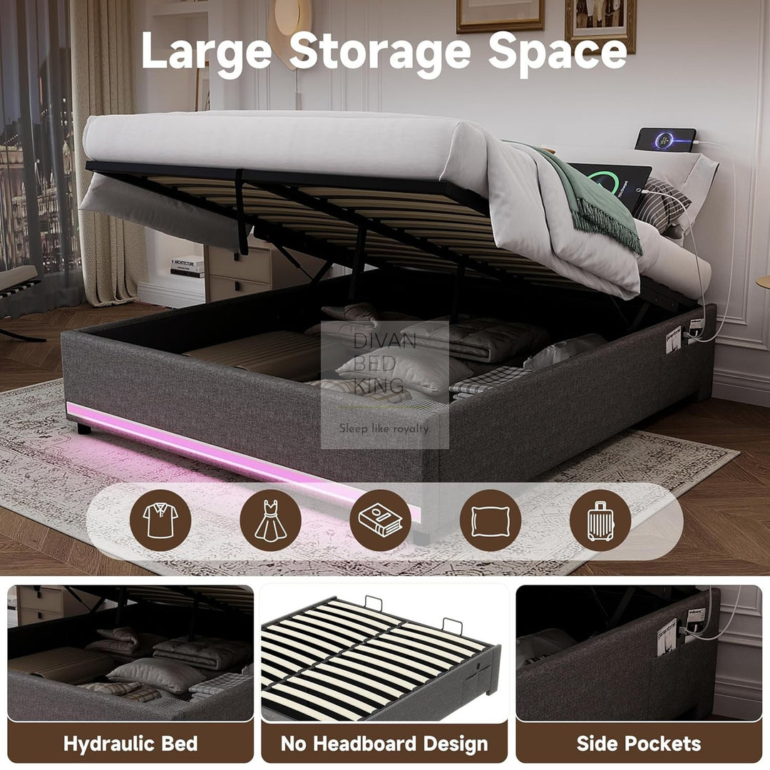 Castanea Smart LED Grey Linen Ottoman Gas Lift Storage Bed Base with USB Type C Charging Ports