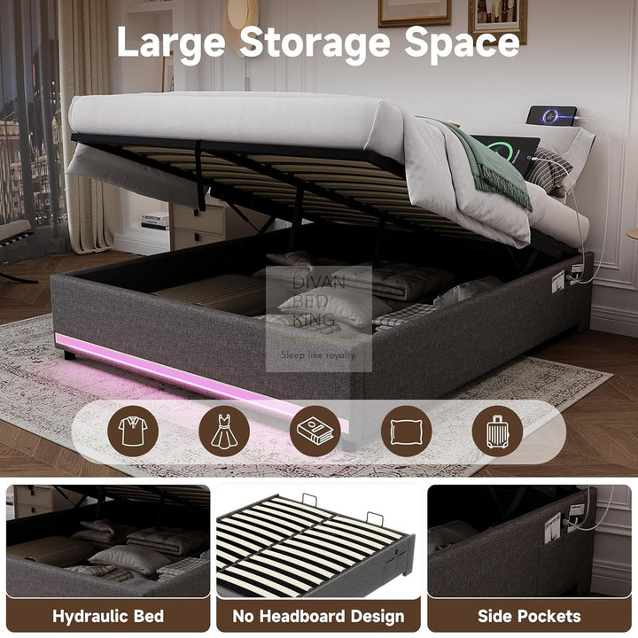 Castanea Smart LED Grey Linen Ottoman Gas Lift Storage Bed Base with USB Type C Charging Ports
