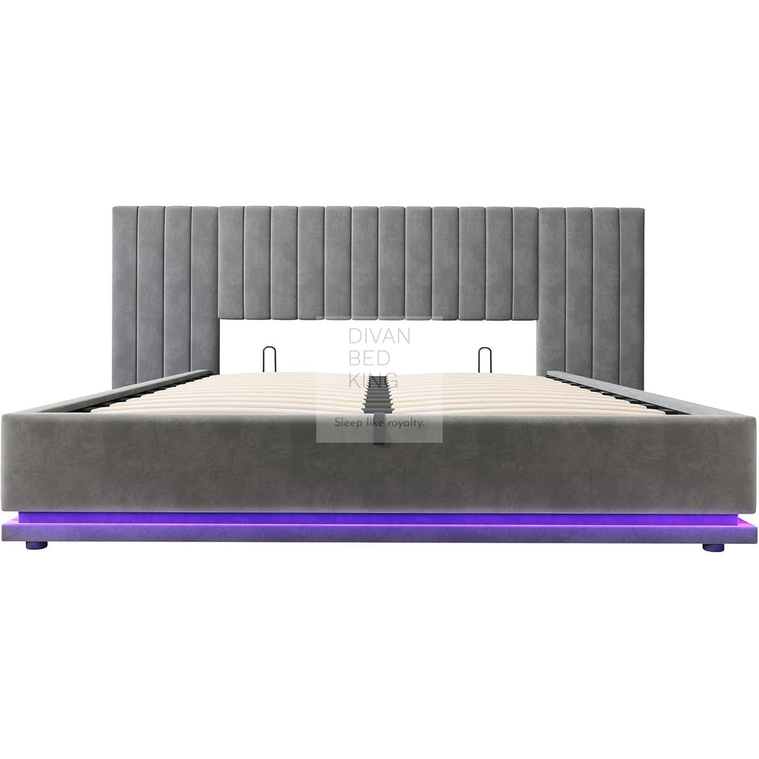 Giuliana Oversized Headboard Soft Grey Velvet Ottoman Storage Bed with LED Lighting