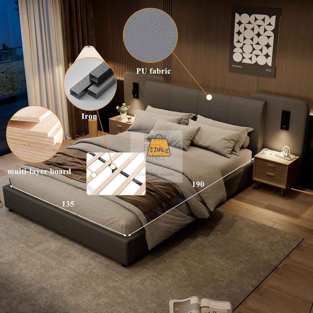 Monteleone Oversized Headboard Grey Leather Bed Frame with Integrated Lighting & USB Charging