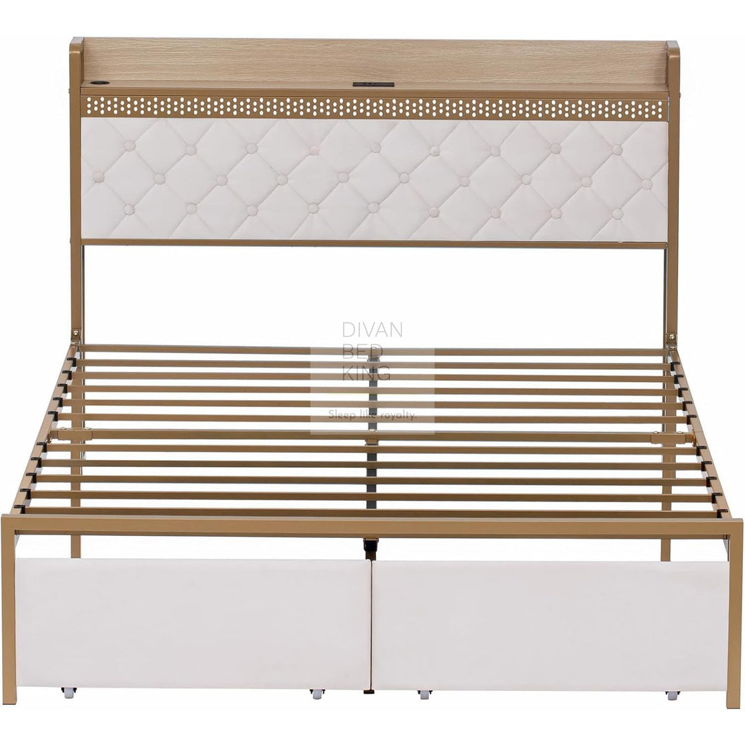 Arellano Winged Biege Velvet LED Metal Smart Bed with 2 Drawers USB, Type-C Charging Storage Headboard Shelf