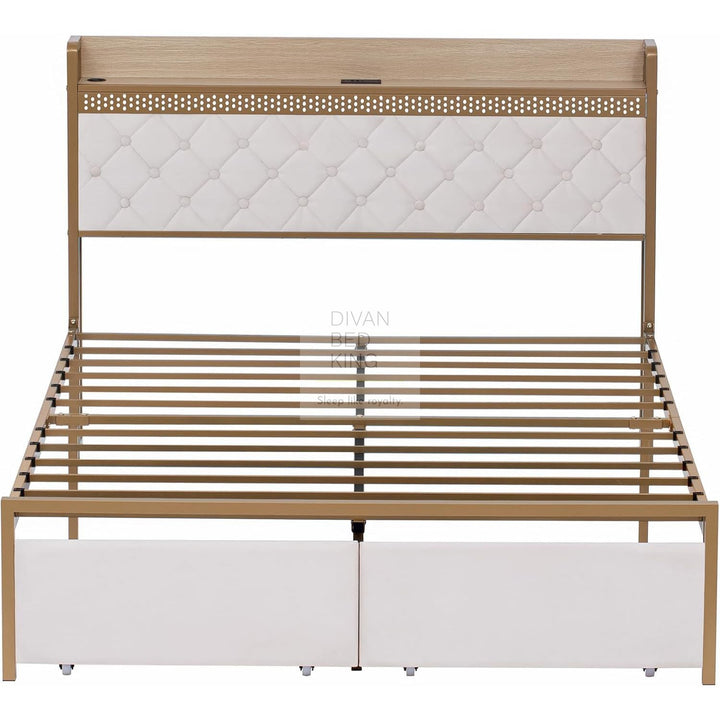 Arellano Winged Biege Velvet LED Metal Smart Bed with 2 Drawers USB, Type-C Charging Storage Headboard Shelf