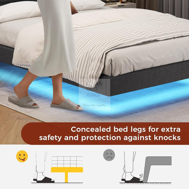 Everleigh Grey Linen Floating Bed Frame with Padded Storage Headboard, LED Lights, USB & Type-C Charging Station