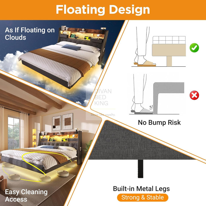 Burton Smart Metal Floating Bed Frame with Grey Padded Storage Headboard, LED Lights, USB, Type C & AC Sockets Charging Station