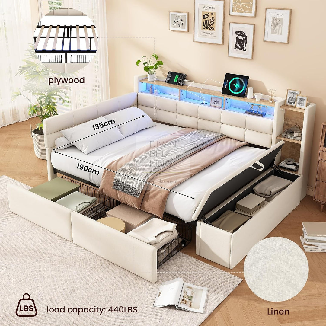 Avayah Beige Linen Smart Daybed Sofa Bed with 2 Drawers, LED Shelves Storage, USB & Type C Charging Station & Storage Box