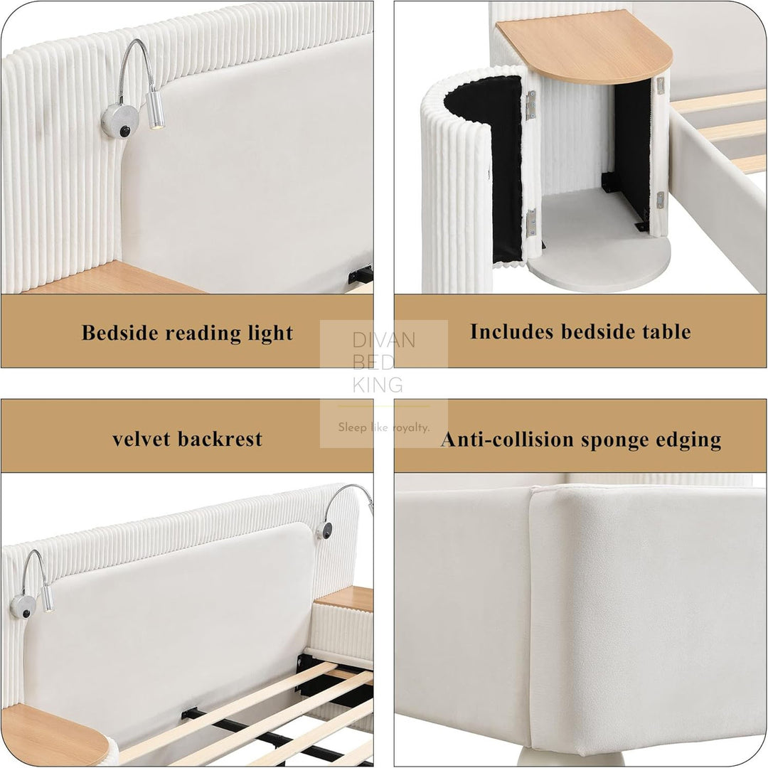 Nuragas Oversized Headboard Beige Velvet Bed Frame with Integrated Lighting & 2 Bedside Tables